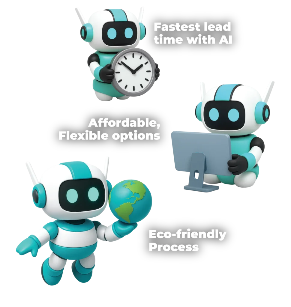 EAN label digital printing technology manufacture and supplier featuring 3 three robots showcasing fastest lead time with artificial intelligent, affordable and flexible options and eco-friendly packaging solutions for local business and Malaysia industry