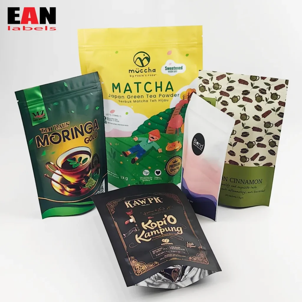 Various Flexible packaging stand pouch with custom design and print for food and beverage product designed, printed and manufactured by EAN Label printing and packaging supplier in Malaysia