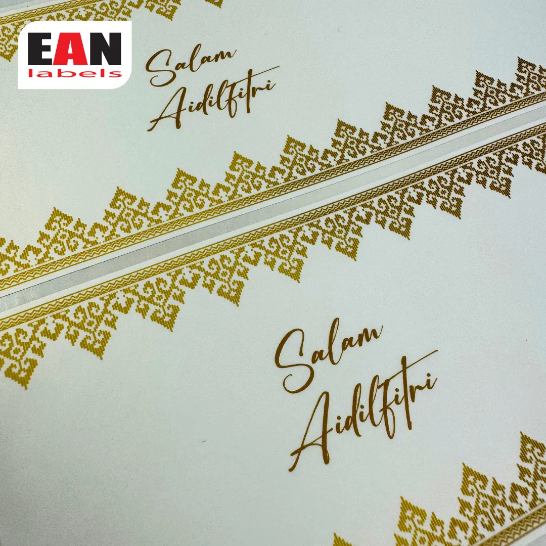 White and gold Hari Raya sticker label sample with Salam Aidilfitri festive design
