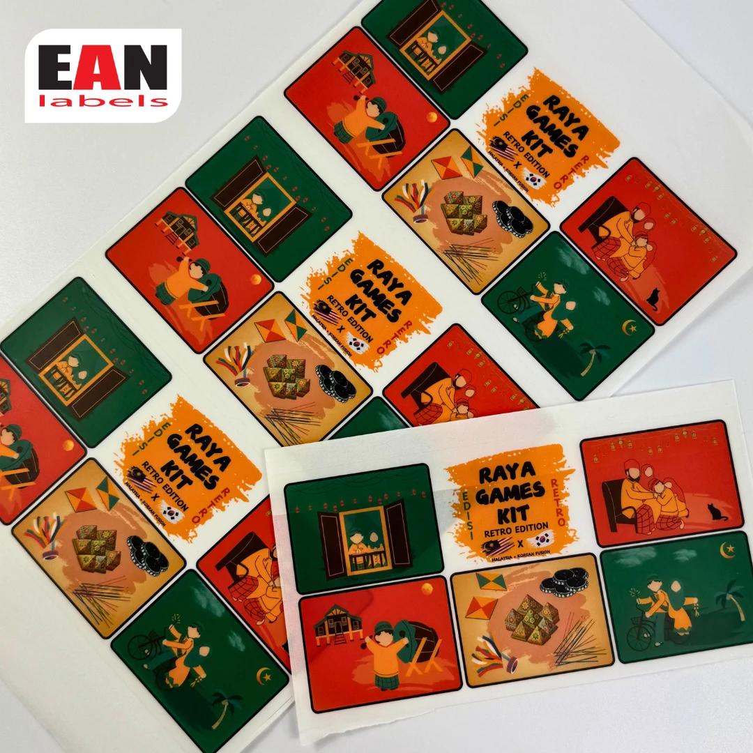 Raya Games Kit rectangle sticker label sample with colorful festive illustrations for seasonal packaging