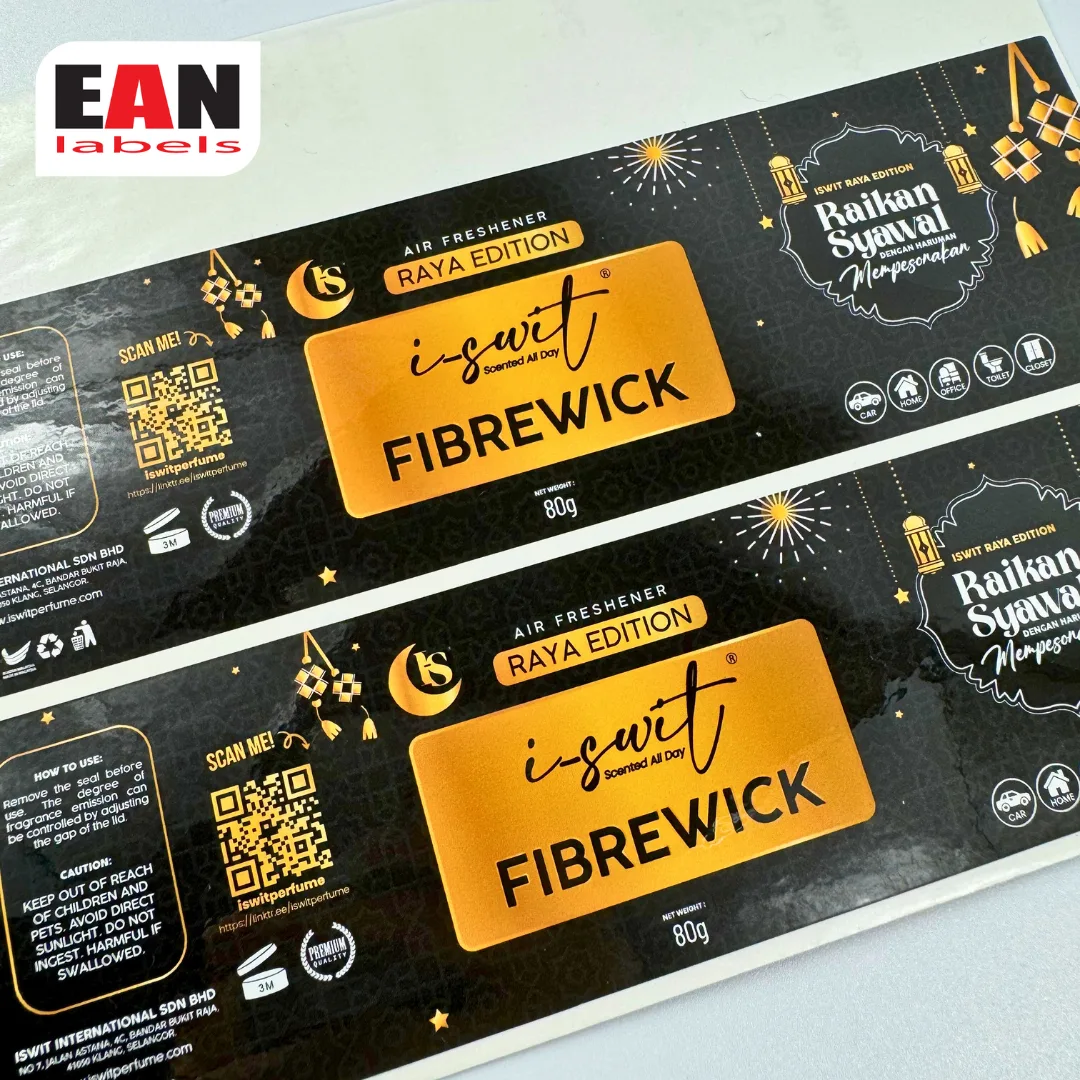 Raya edition Fibrewick air freshener rectangle sticker label sample with QR code and festive design