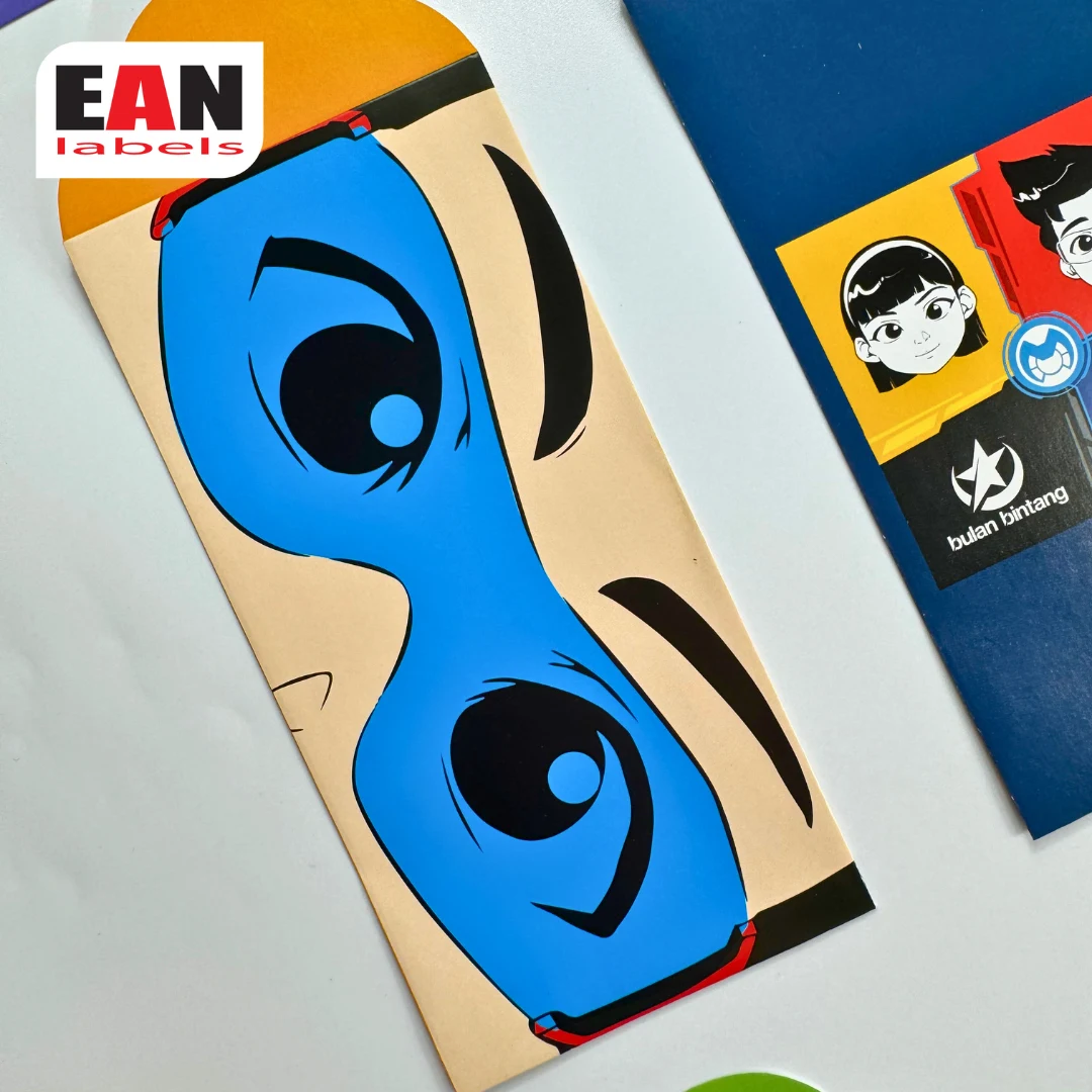 Sampul Raya money packet with bold blue comic character artwork for festive packaging design