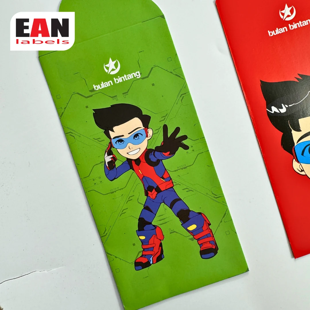 Green sampul Raya money packet with Ejen Ali cartoon character design for Hari Raya festive packaging