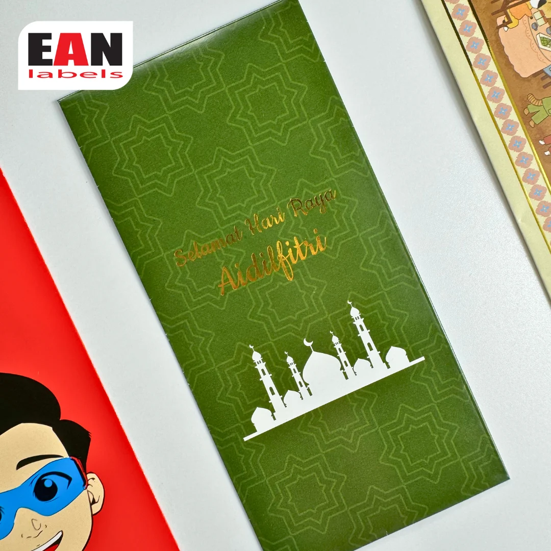 Green sampul Raya money packet with mosque silhouette and Selamat Hari Raya Aidilfitri greeting
