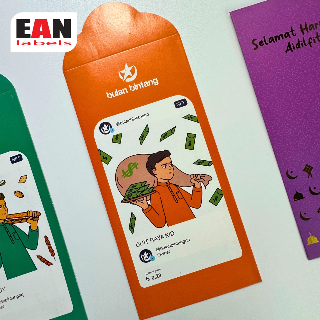 Orange sampul Raya money packet with Duit Raya Kid cartoon illustration for festive Hari Raya packaging