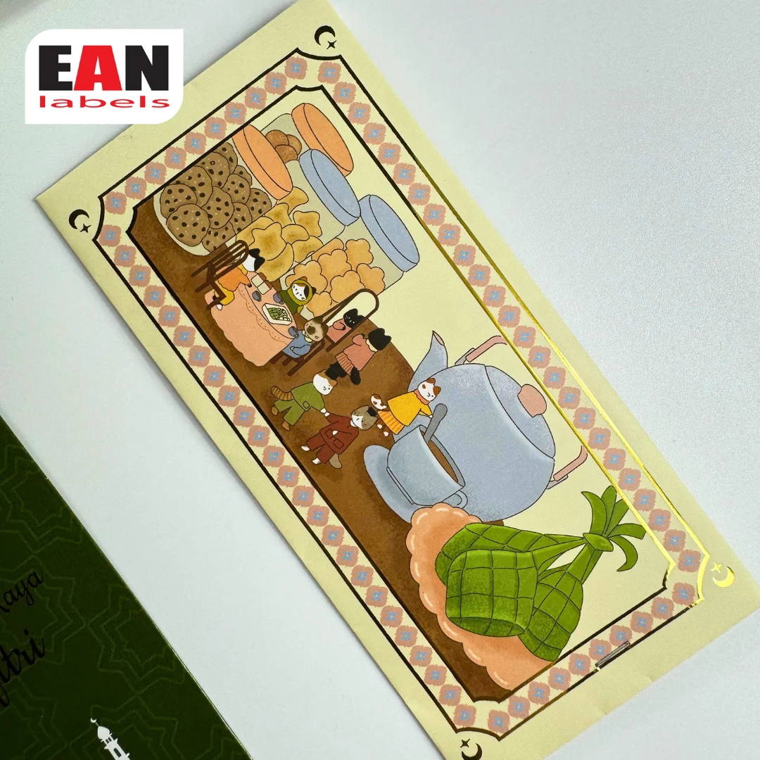 Pastel yellow sampul Raya money packet with traditional food and biscuit illustration for Hari Raya festive packaging