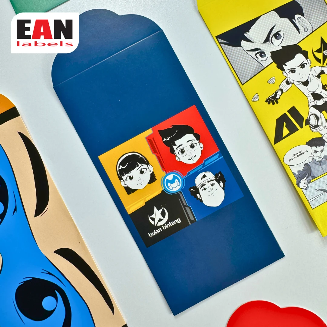 Blue sampul Raya money packet with cartoon character design for Hari Raya festive packaging