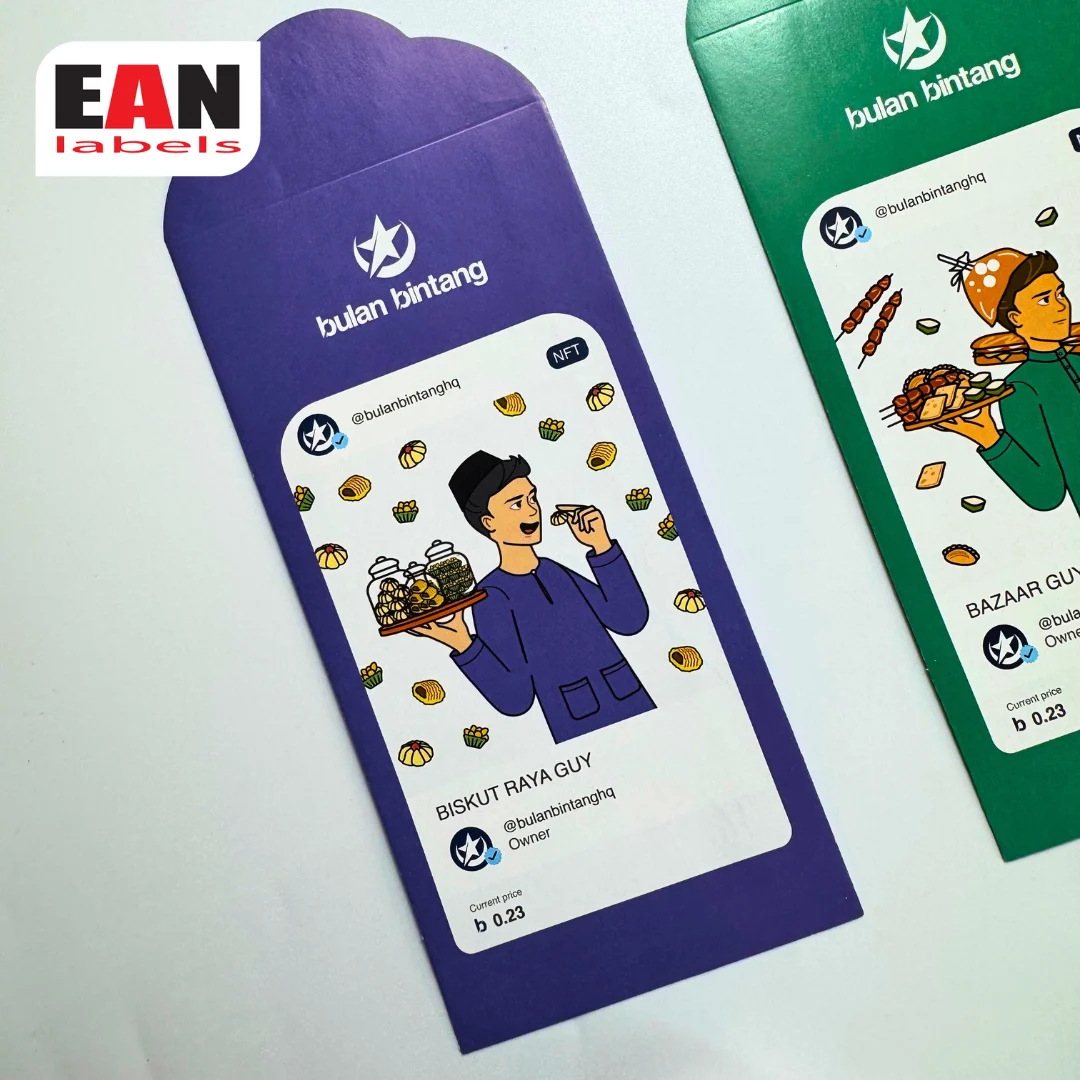 Purple sampul Raya money packet with biscuit seller illustration for festive Hari Raya packaging