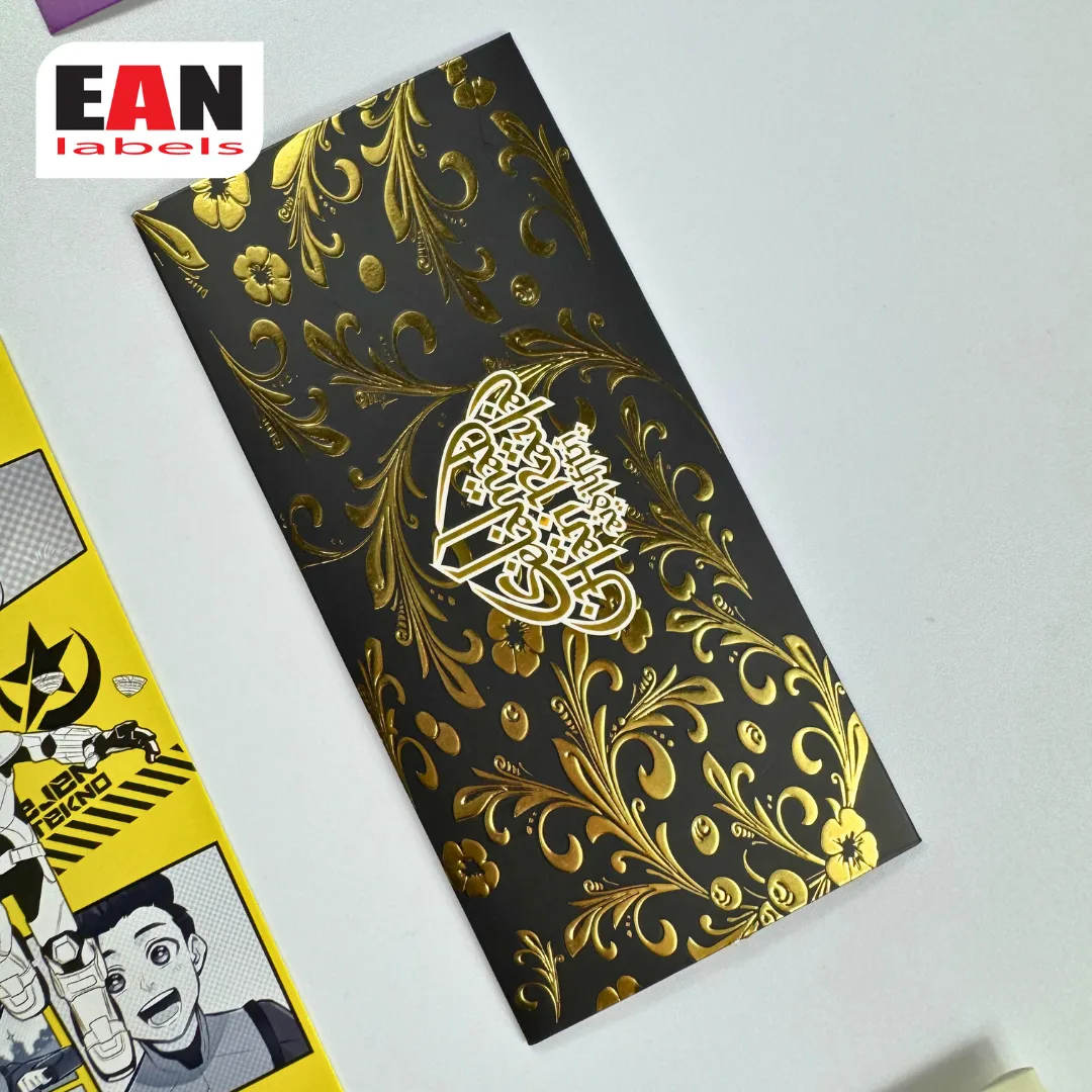 Black sampul Raya money packet with gold floral hot stamping design for premium festive packaging