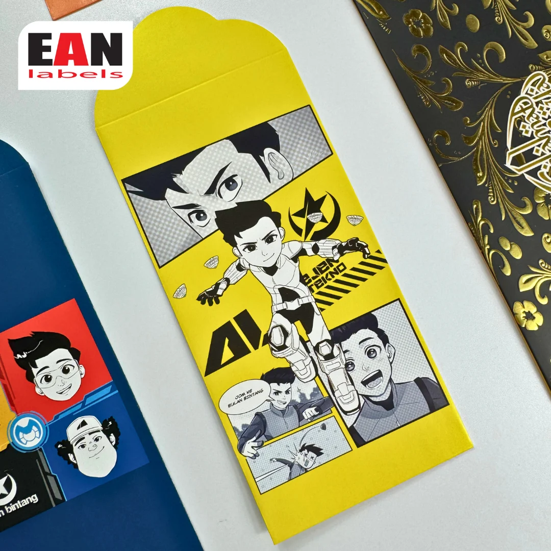 Yellow sampul Raya money packet with comic character illustration for Hari Raya festive packaging