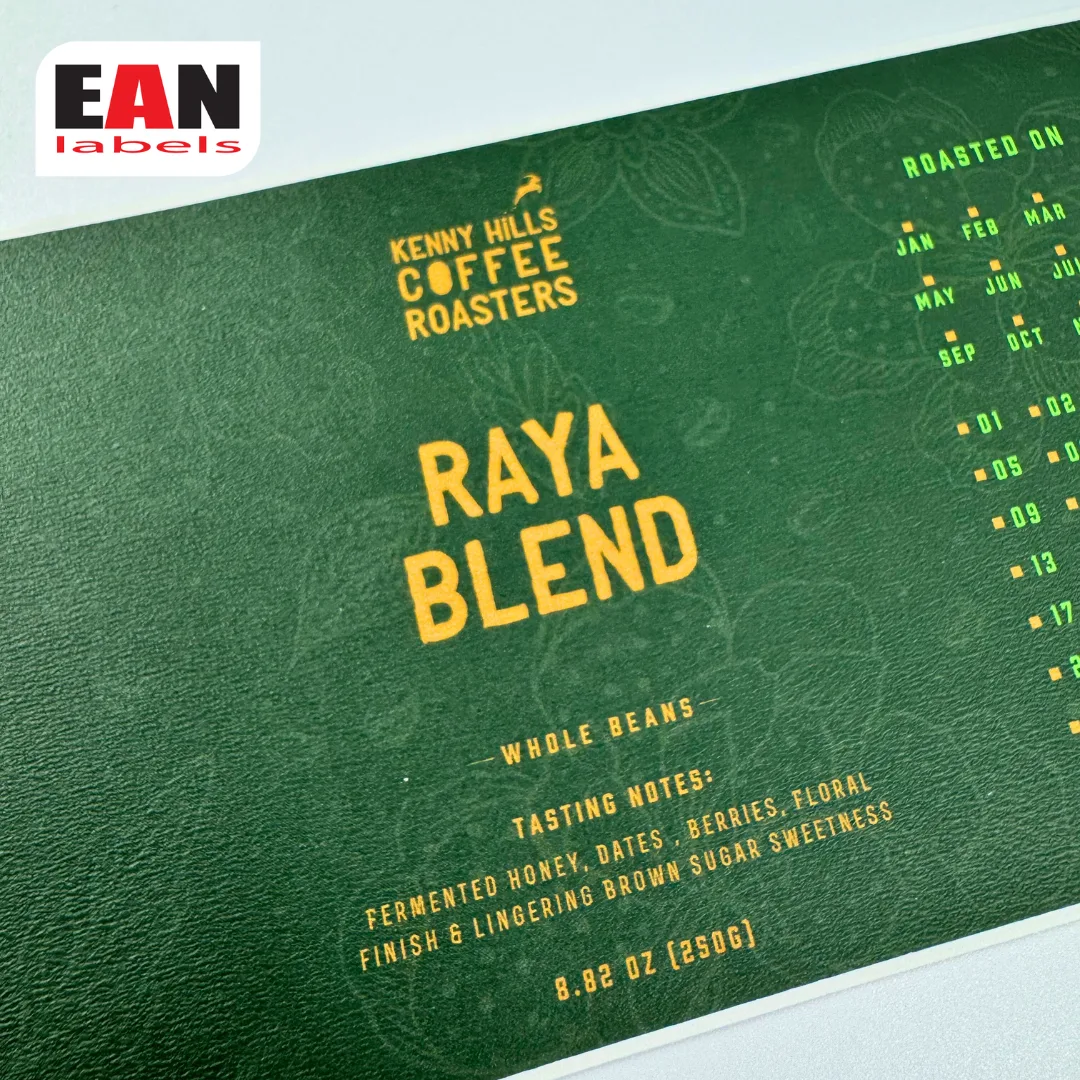 Green Raya Blend coffee product sticker label sample with textured premium printing finish