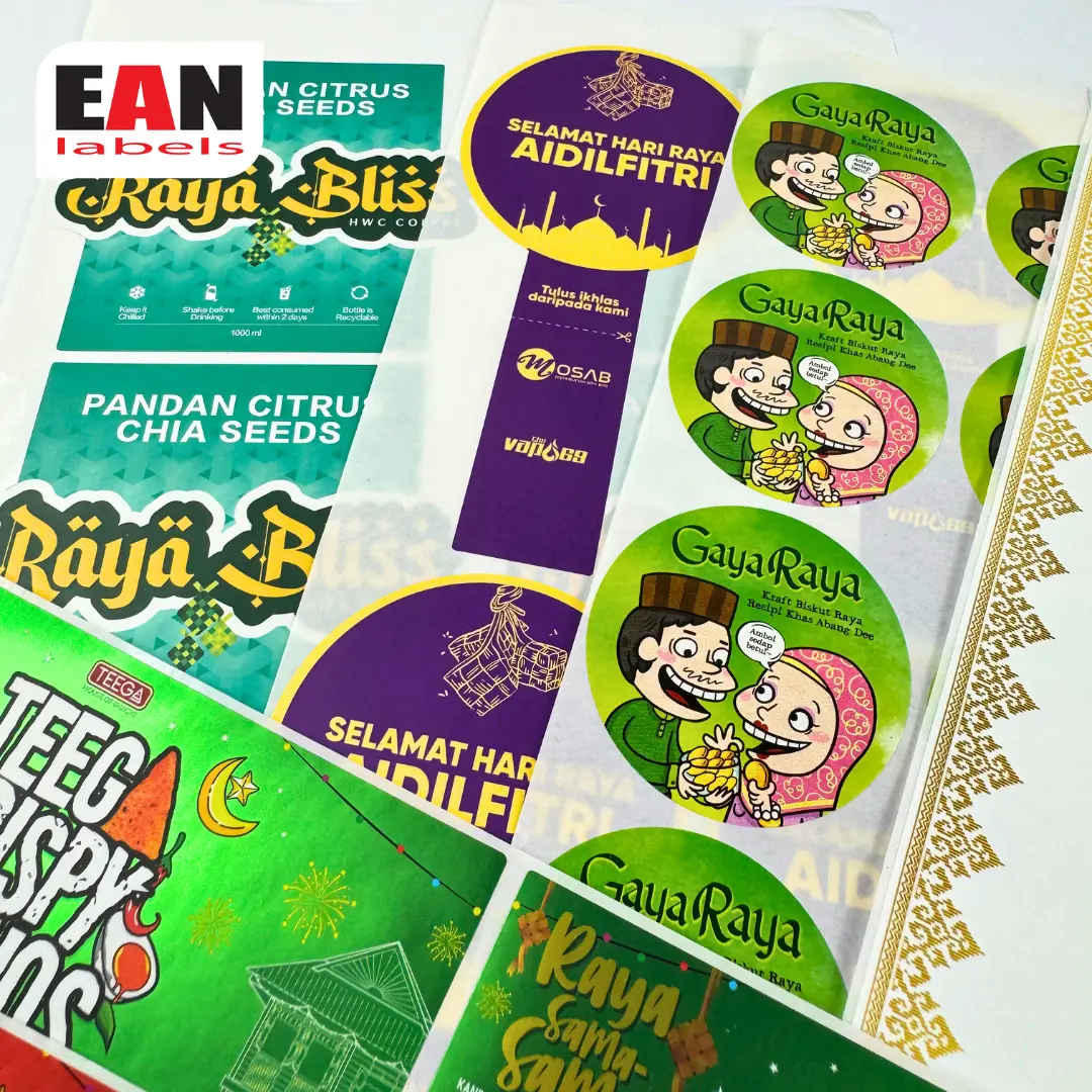Custom Hari Raya food and beverage sticker labels with colourful festive artwork