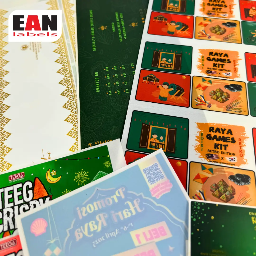Printed festive sticker labels for Hari Raya food products and promotional packaging