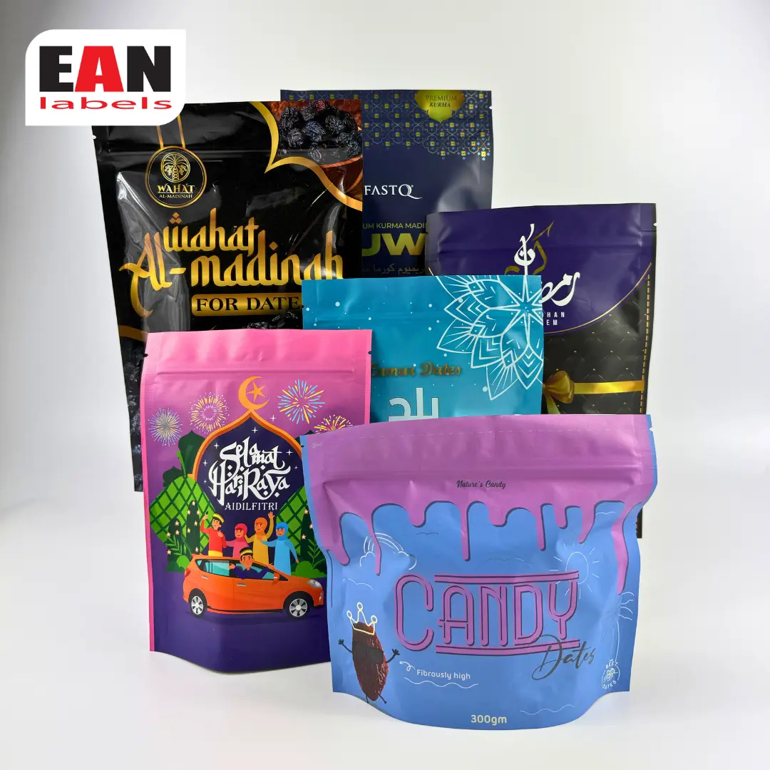 Custom Hari Raya stand-up pouches in various sizes and festive product designs