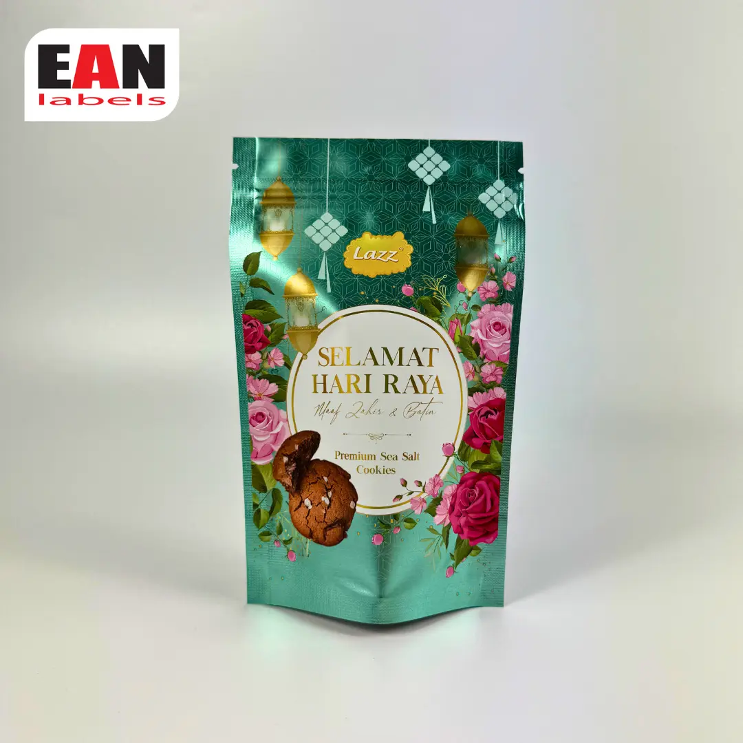 Custom Hari Raya stand-up pouch packaging with floral design for festive food products