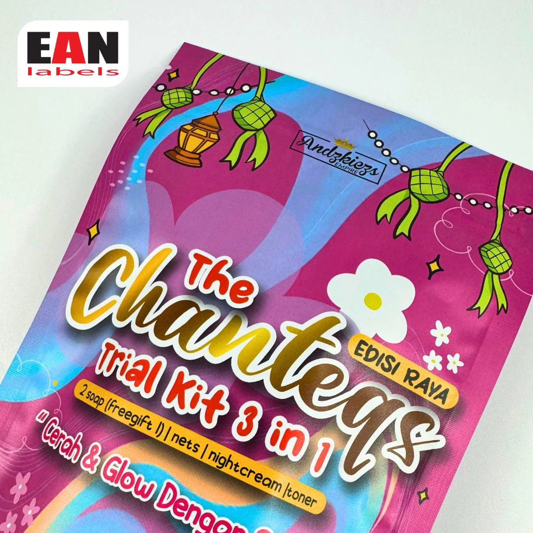 Colourful Hari Raya trial kit pouch with ketupat, lantern and floral festive graphics