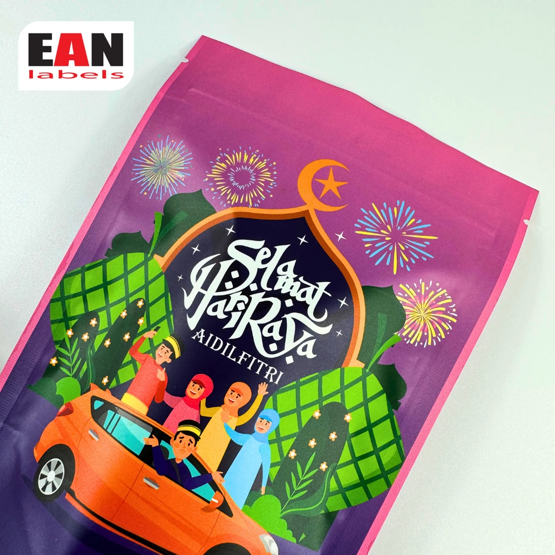 Colourful Hari Raya stand-up pouch with family cartoon illustration and festive ketupat design