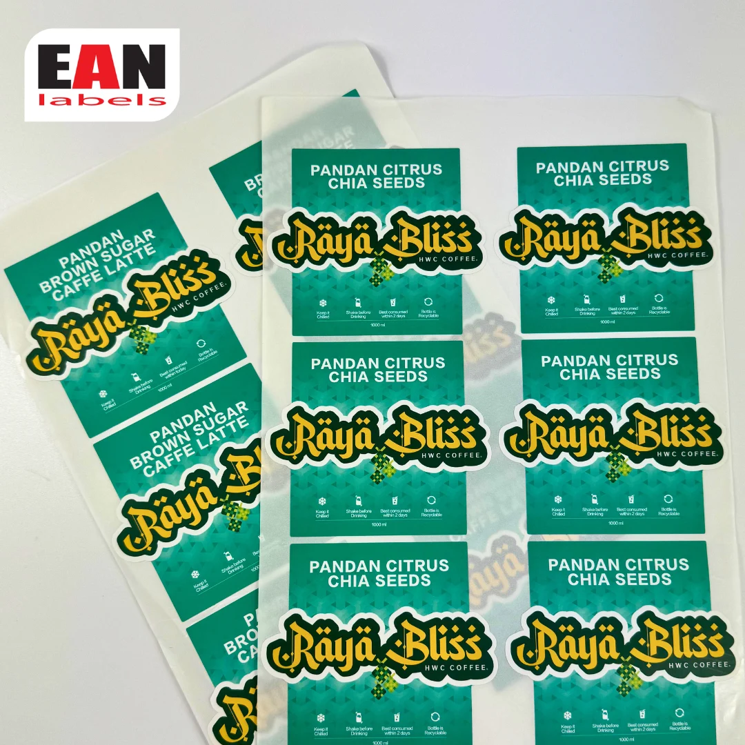 Hari Raya sticker label product sample with green Raya Bliss design for festive beverage packaging