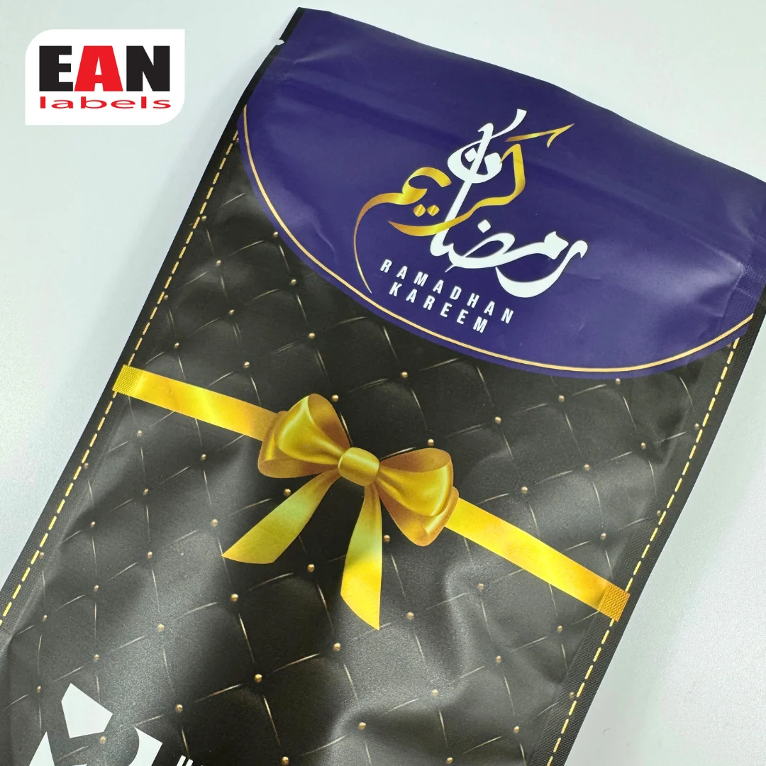 Premium black and purple Hari Raya flexible packaging pouch with gold ribbon design