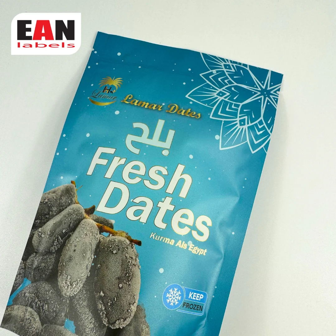 Custom blue Hari Raya stand-up pouch for frozen dates with product image and keep-frozen label