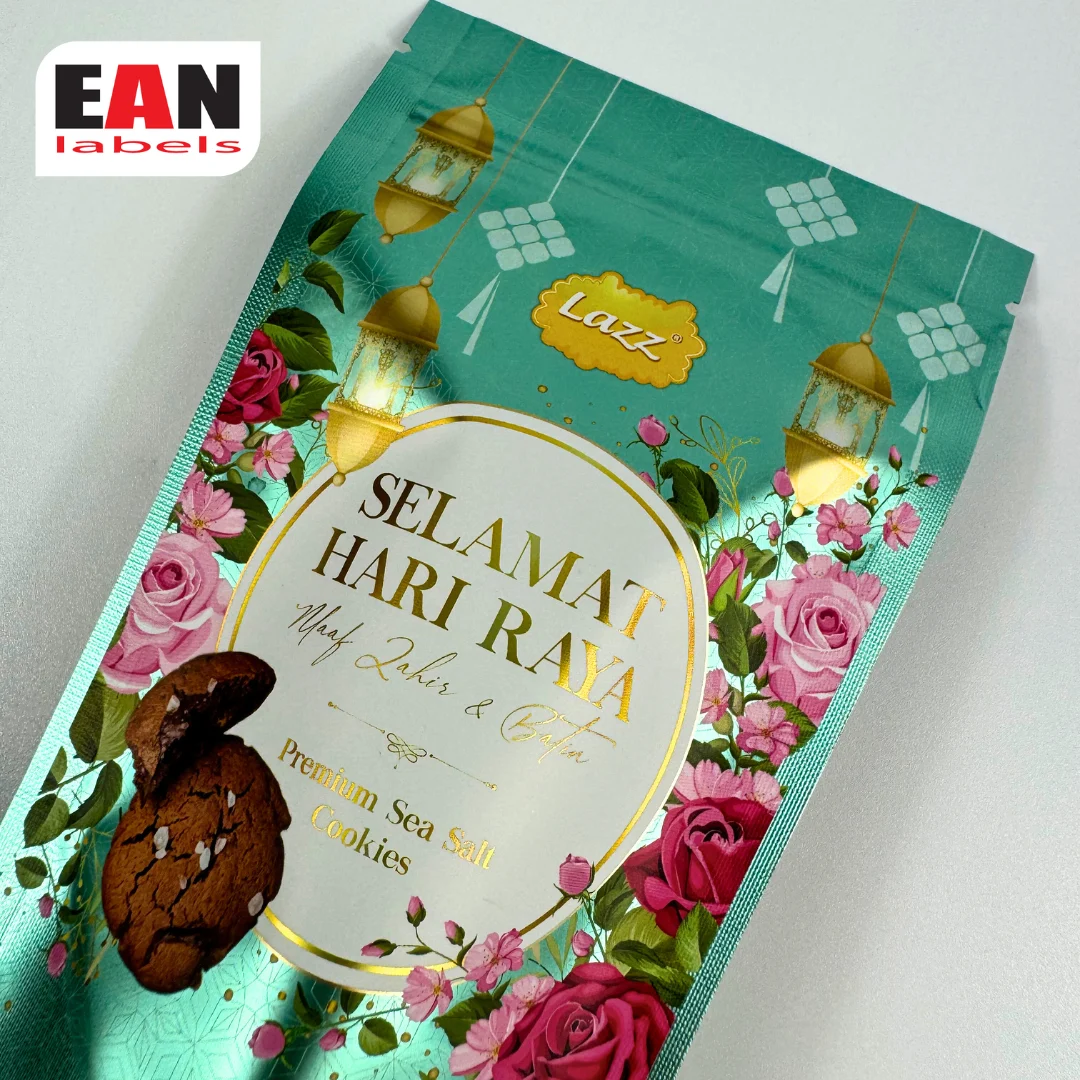 Custom Hari Raya stand-up pouch with floral design, gold accents and premium cookie packaging