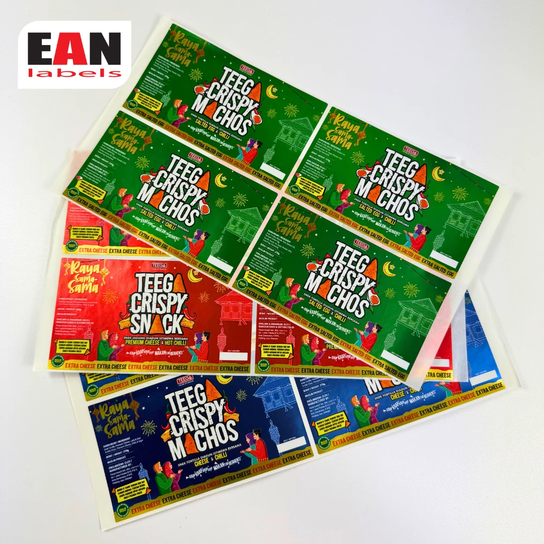 Hari Raya snack packaging sticker sheet sample with colorful festive label designs