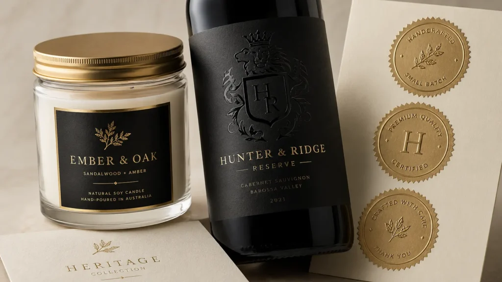 Premium food label sticker finishing examples including foil stamping, embossing and textured effects.