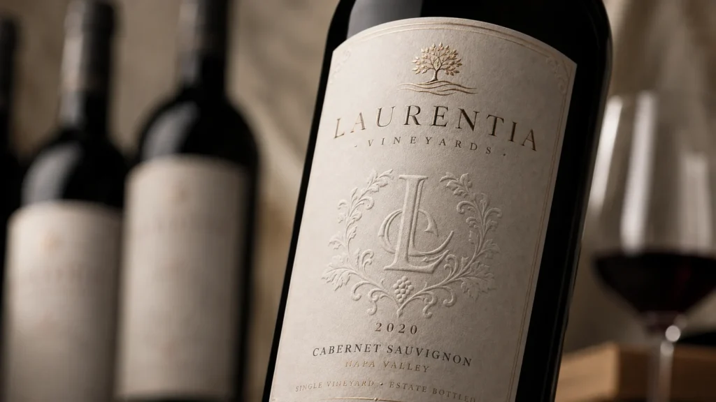 Close-up of an embossed wine sticker label showing physically raised logo and decorative details.