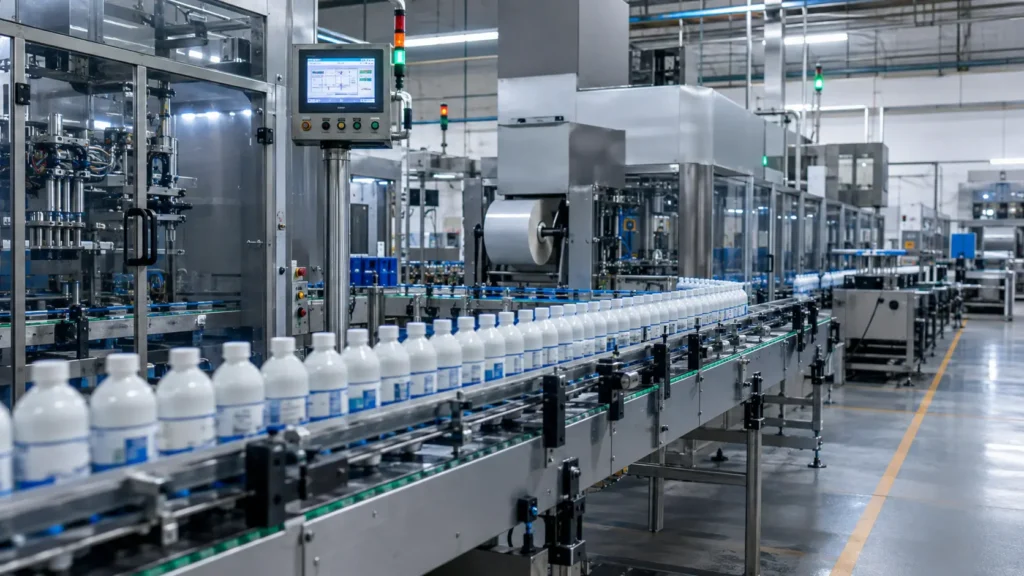 Automated OEM manufacturing production line with bottles moving through packaging machinery in Malaysia