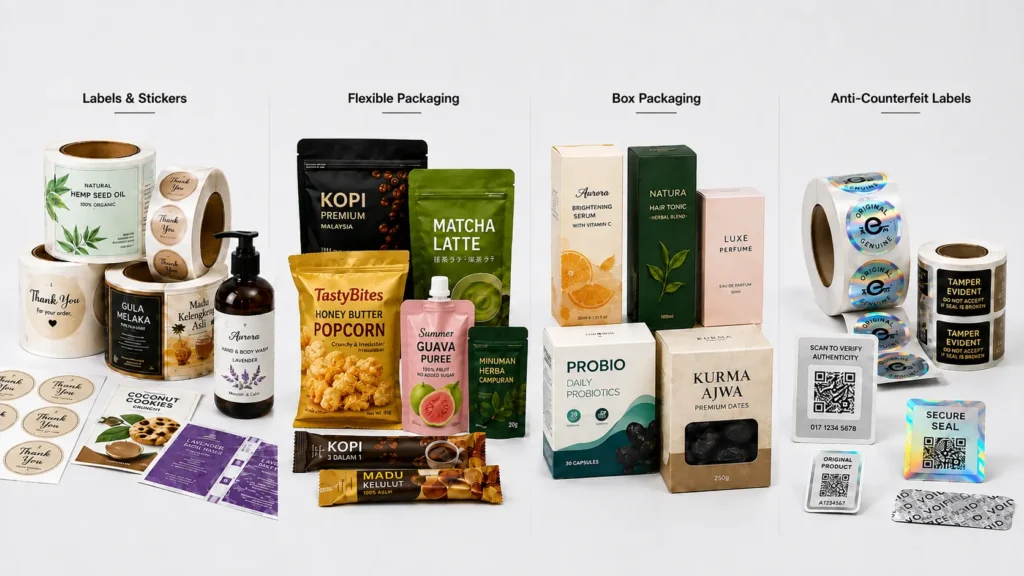 OEM packaging products including labels and stickers, flexible packaging, boxes and anti-counterfeit labels