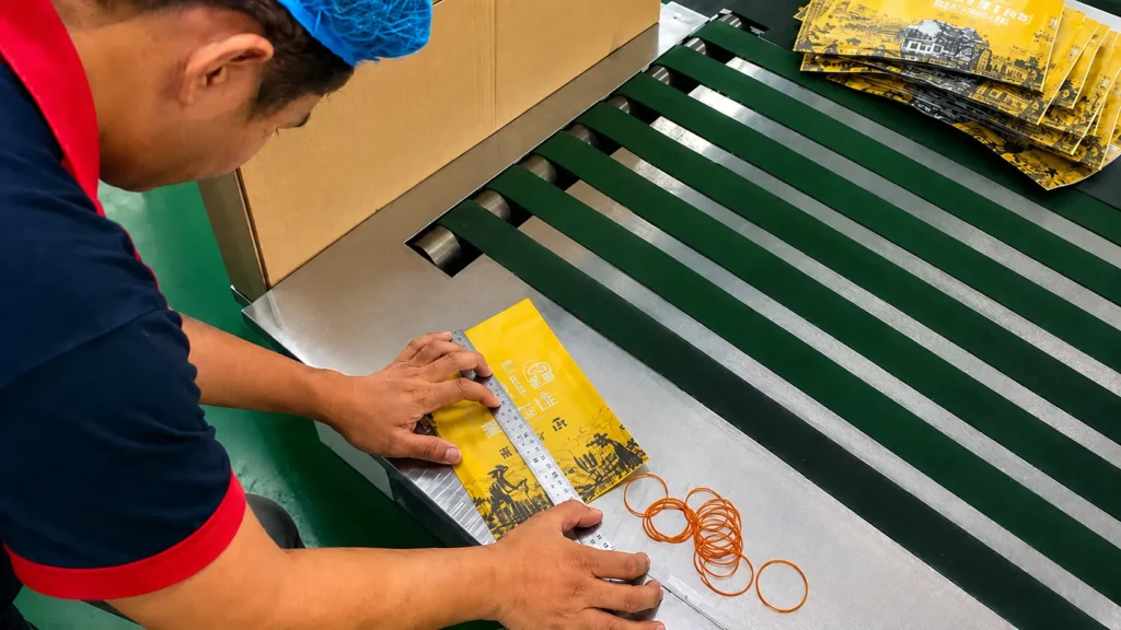 Packaging QC size measurement inspection using a ruler on printed packaging