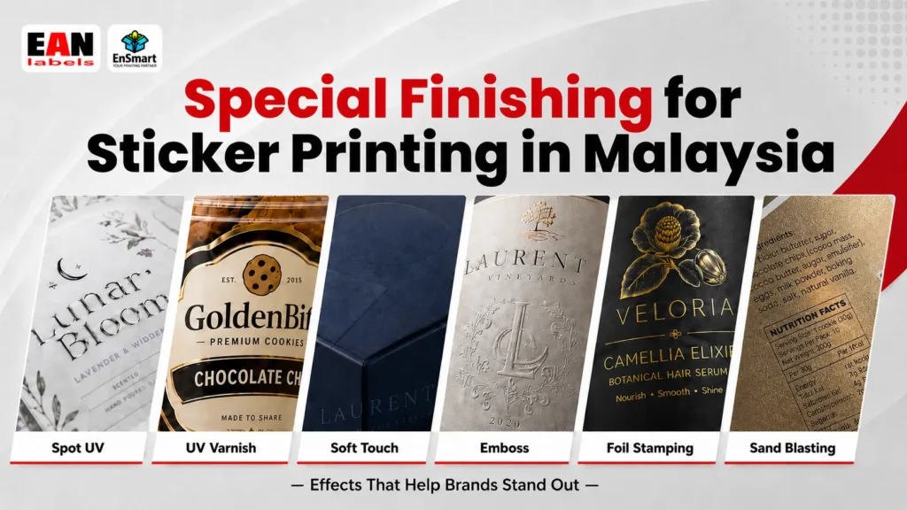 Special finishing for sticker printing in Malaysia featuring Spot UV, UV Varnish, Soft Touch, Emboss, Foil Stamping and Sand Blasting.