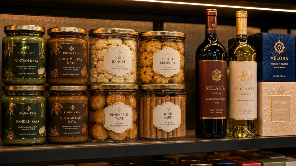 Packaging products with special sticker finishing, including kaya jars, cookie containers and premium wine labels.