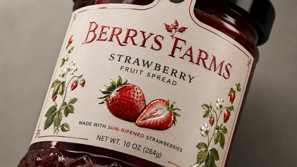 Close-up of a strawberry jam sticker label with glossy Spot UV highlights on the brand name and strawberry design.