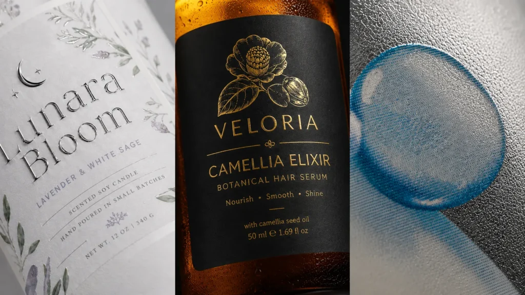 Close-up comparison of Spot UV, foil stamping and Sand Blasting finishing effects on printed sticker labels.