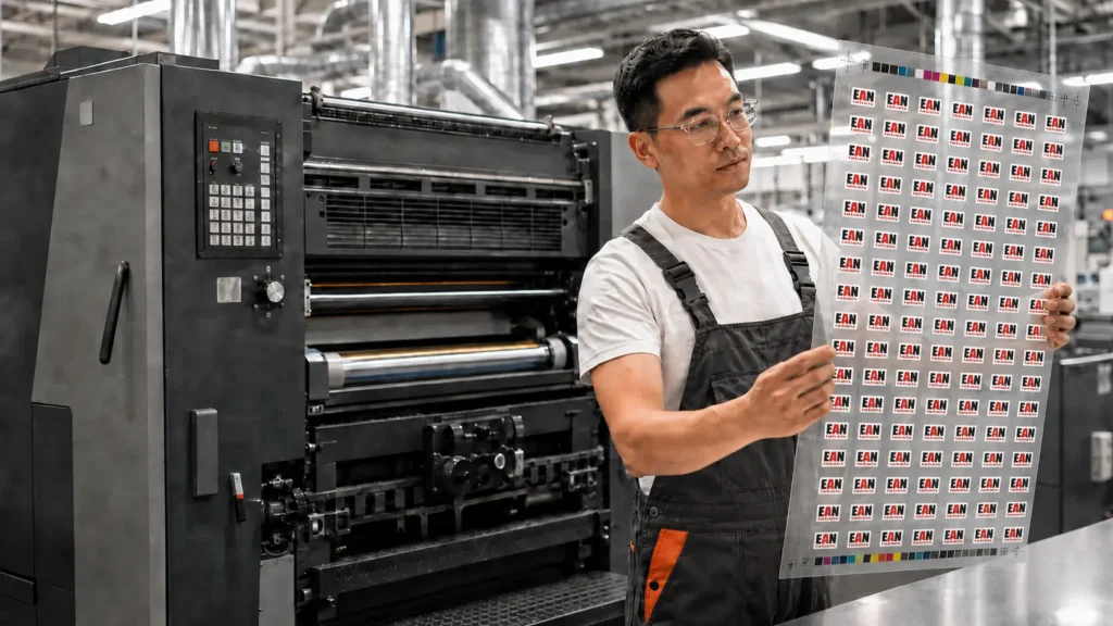Sticker label print quality inspection checking repeated EAN labels for colour consistency, print clarity and registration accuracy