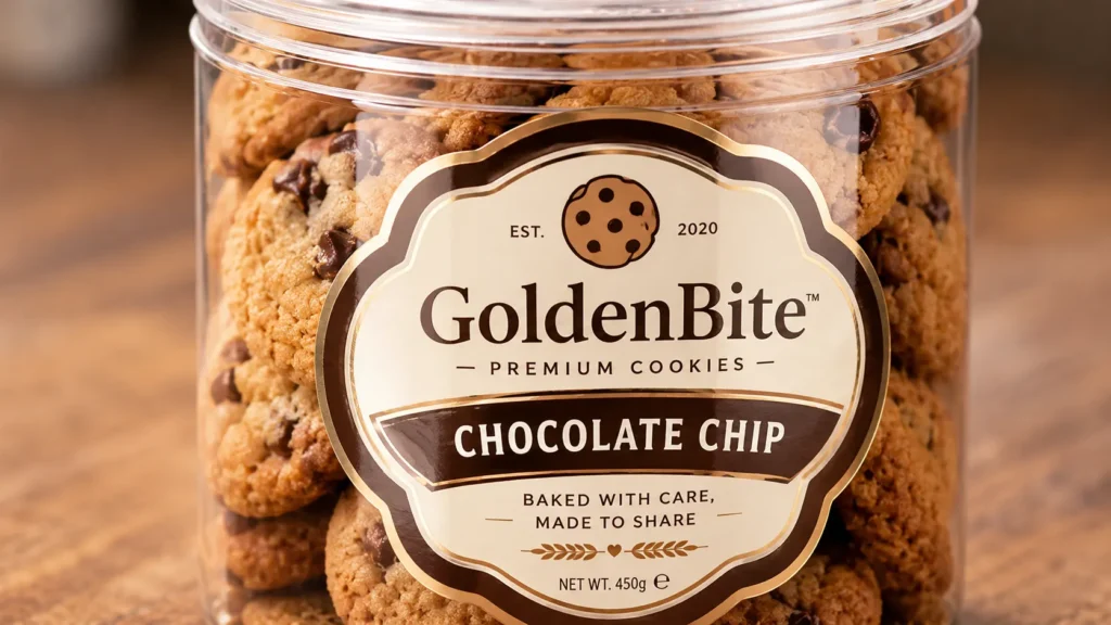 Close-up of a chocolate chip cookie jar label with UV Varnish creating a smooth glossy surface finish.