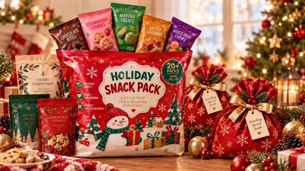 Christmas flexible packaging with a large snack gift pack and individually printed food pouches
