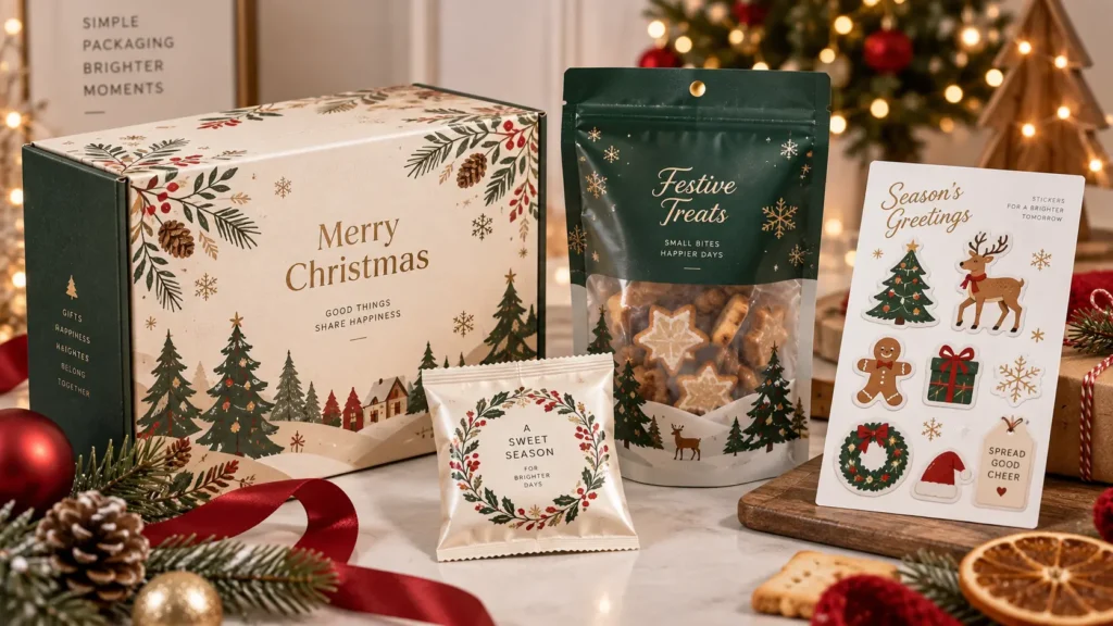 Christmas gift box with printed snack pouches, flexible packaging and a festive kiss-cut sticker sheet