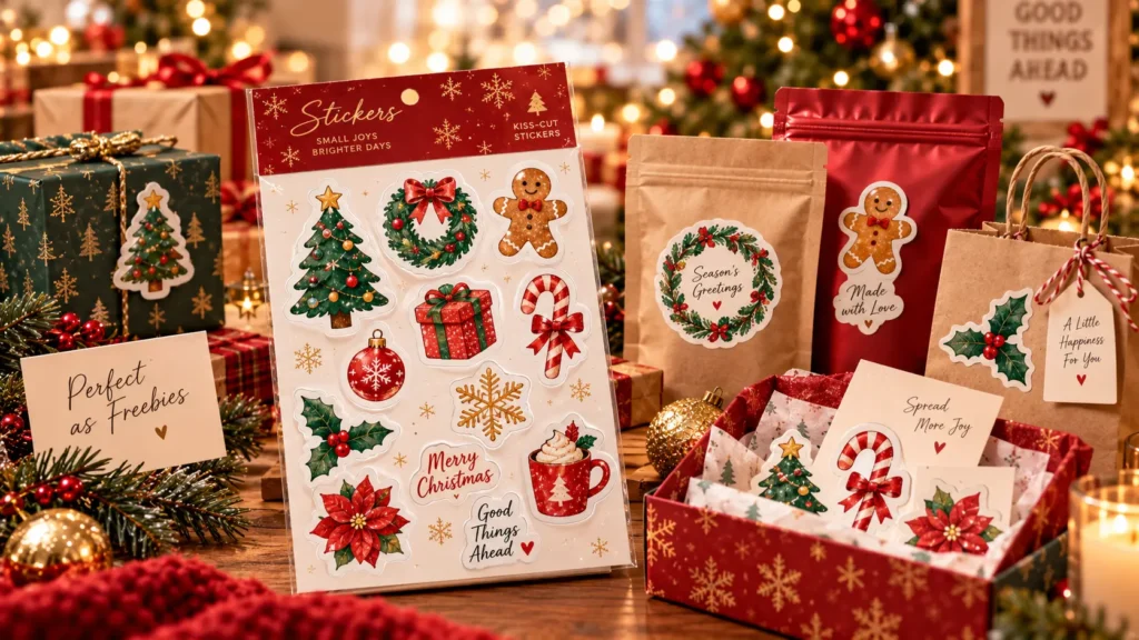 Christmas kiss-cut sticker sheet displayed with festive gift bags, flexible packs and a printed gift box