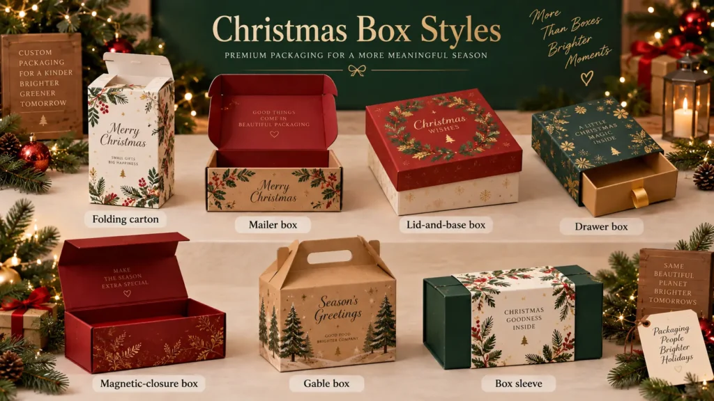 Christmas packaging box styles including folding carton, mailer box, lid-and-base box, drawer box, magnetic-closure box, gable box and box sleeve