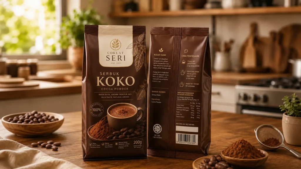 Cocoa powder in center seal with gusset flexible packaging