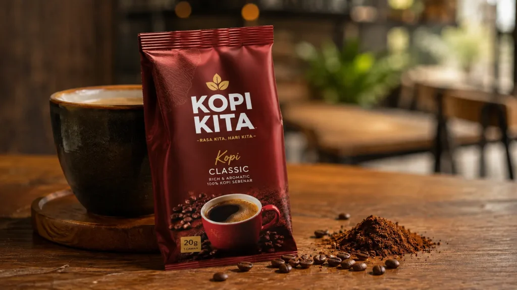 Coffee powder packed in 4-side seal flexible packaging for single-serve portions