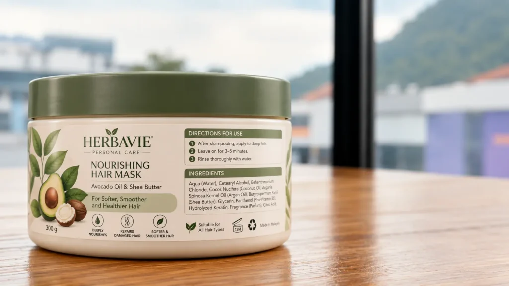 Custom sticker label on a hair mask jar showing product information and directions