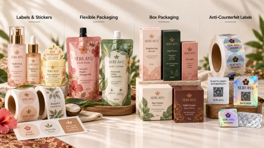 One-stop cosmetic packaging solution in Malaysia with sticker labels, flexible packaging, boxes and anti-counterfeit labels