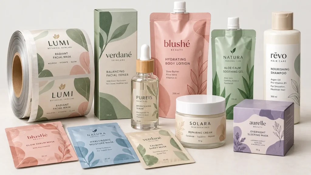 Cosmetic packaging options in Malaysia including sachets, pouches, bottles, jars and custom boxes
