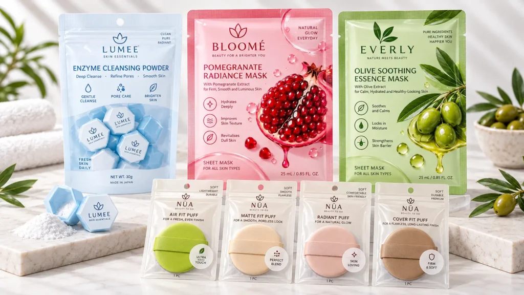 Cosmetic pouch packaging options including 3-side seal and stand-up pouches