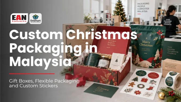 Custom Christmas packaging in Malaysia featuring printed gift boxes, flexible packs and festive sticker sheets