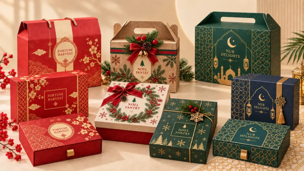 Collection of red, green, navy and kraft festive gift boxes designed for Chinese New Year, Christmas and Eid gifting.