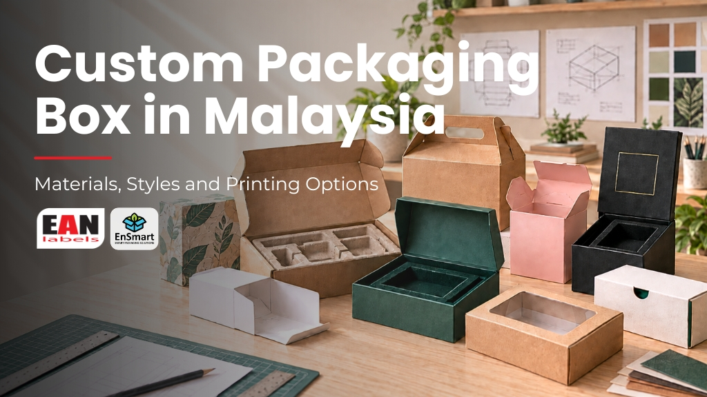 Assortment of custom packaging boxes in different materials, colors and styles displayed in a packaging design studio.